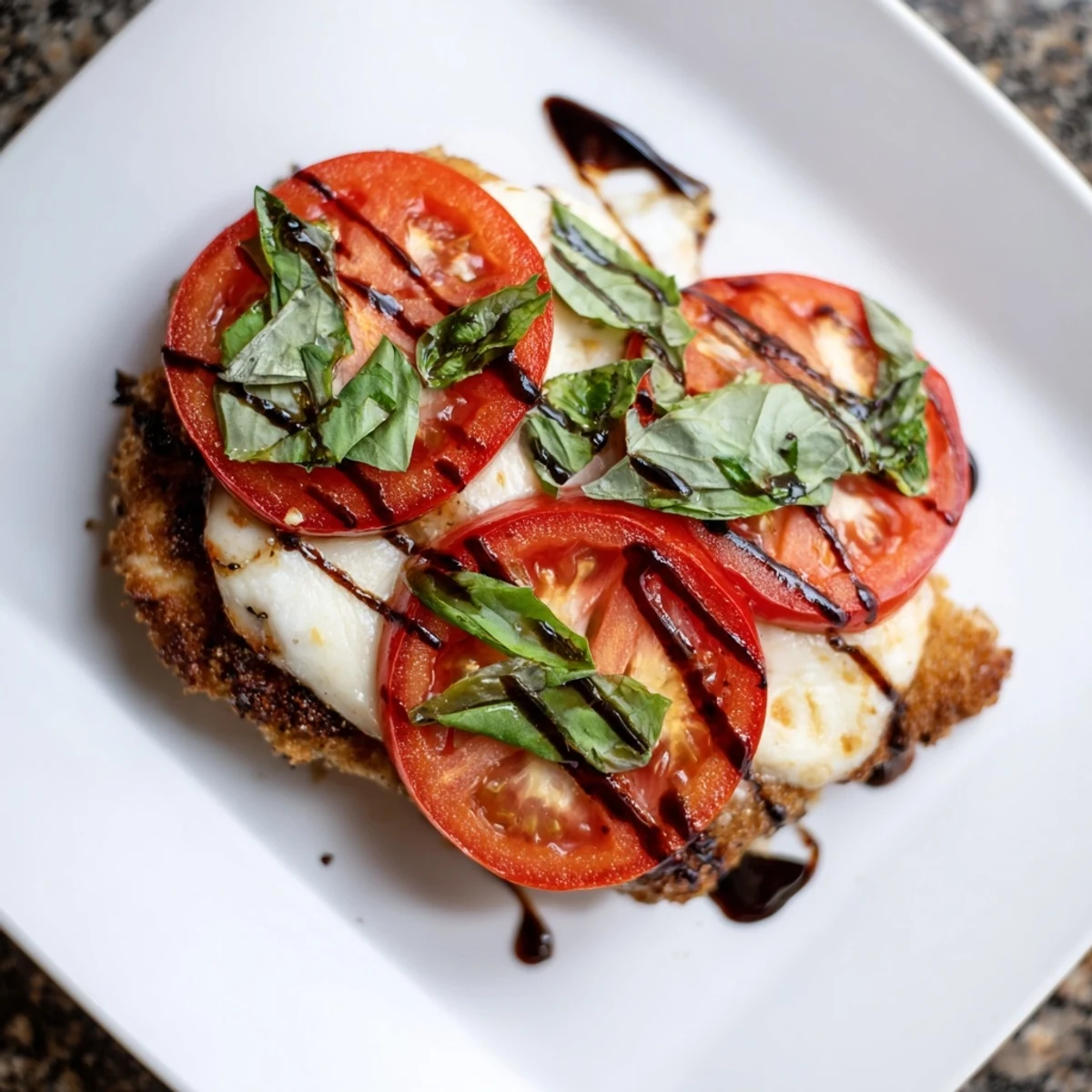 Golden-brown Caprese Chicken Skillet topped with melted mozzarella, ripe tomato slices, and fresh basil leaves, drizzled with a glossy balsamic glaze.  