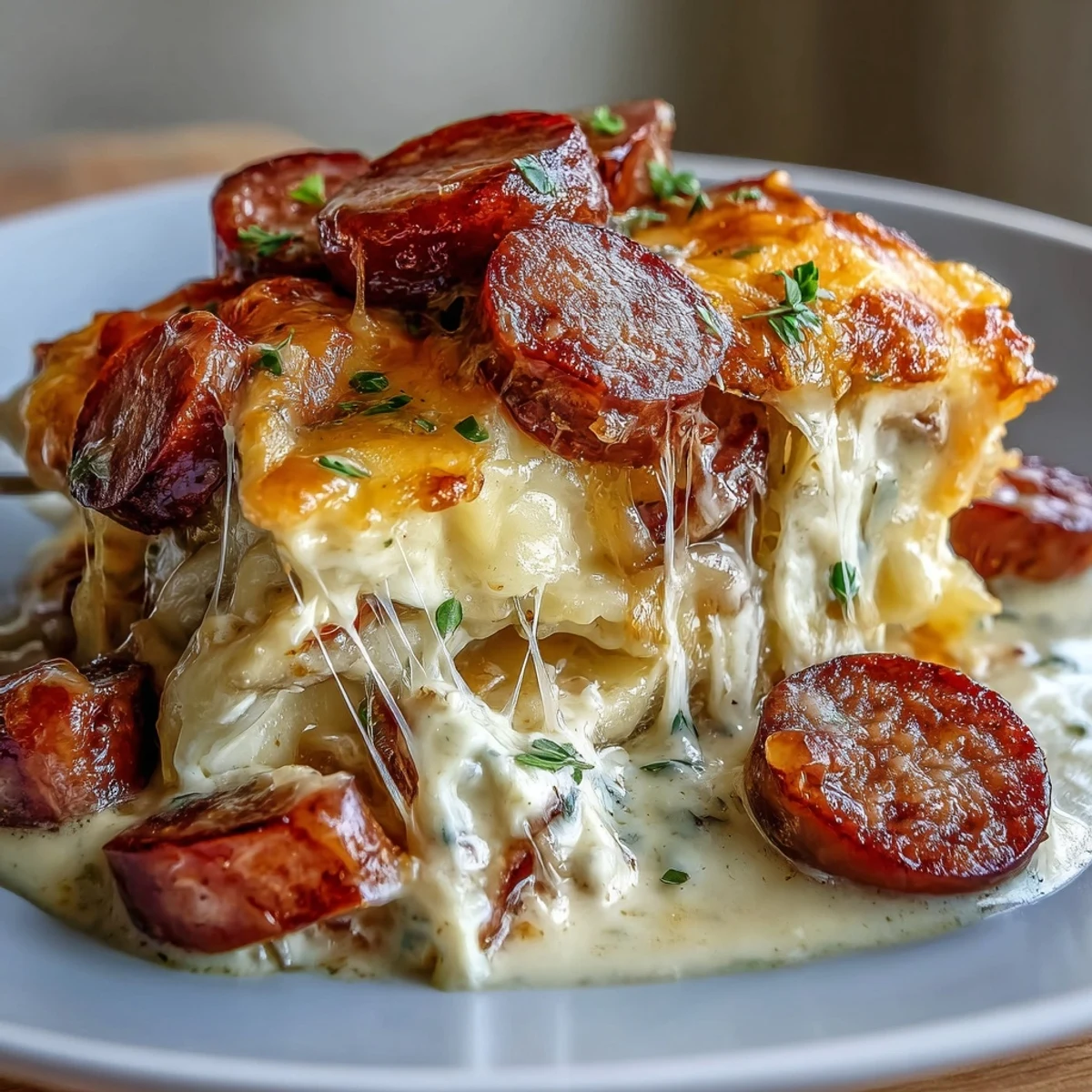 Sliced smoky kielbasa and pillowy potato pierogi bake together in a rich, creamy sauce.