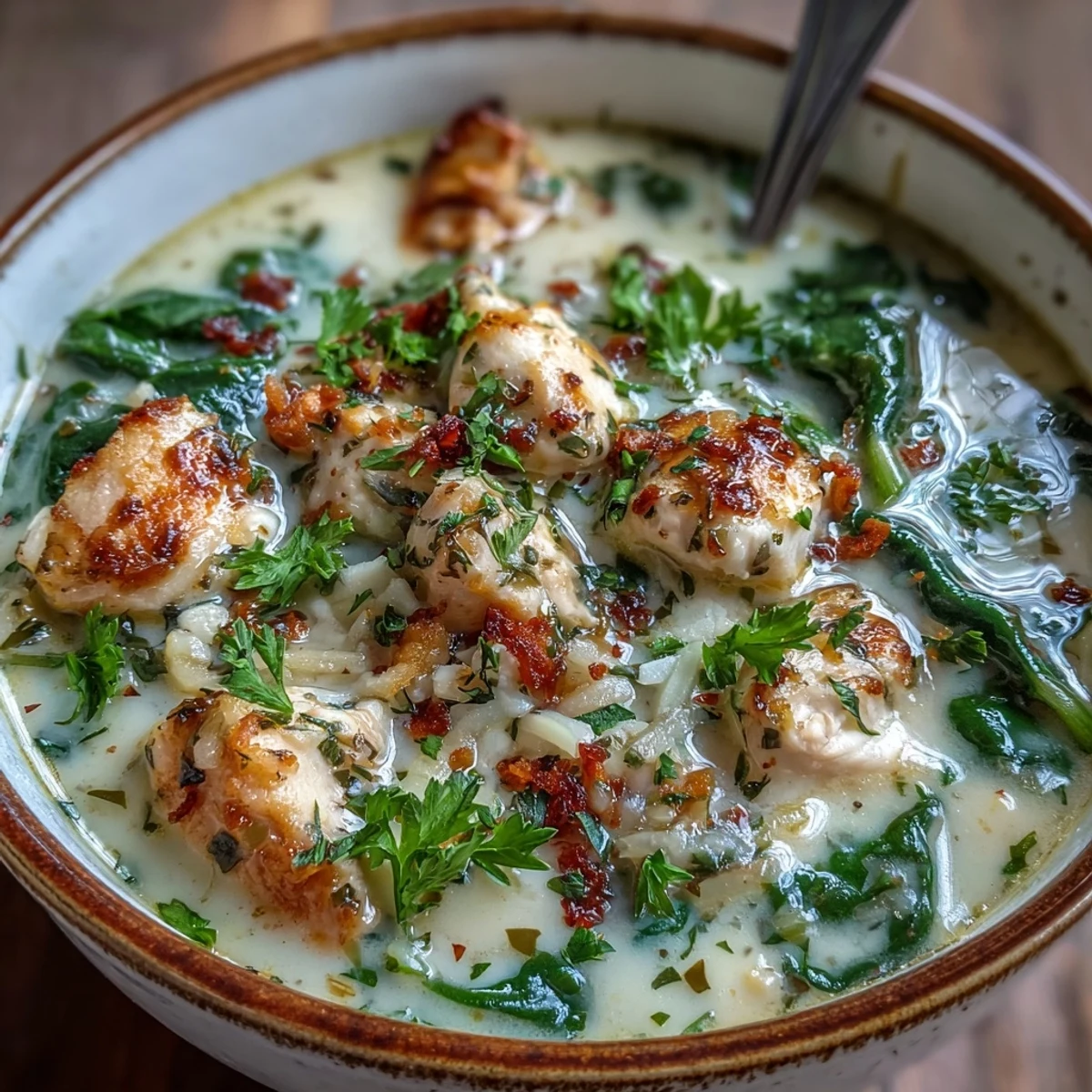 A comforting bowl of Garlic Parmesan Chicken Soup ready for a cozy dinner.