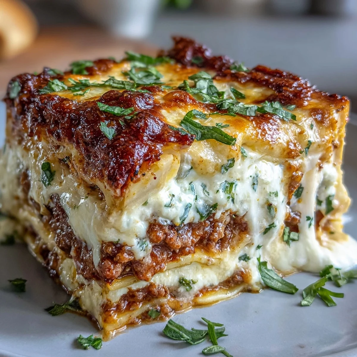 Layers of Worlds Best Lasagna with ground beef, creamy ricotta, and melted mozzarella on a dinner plate.