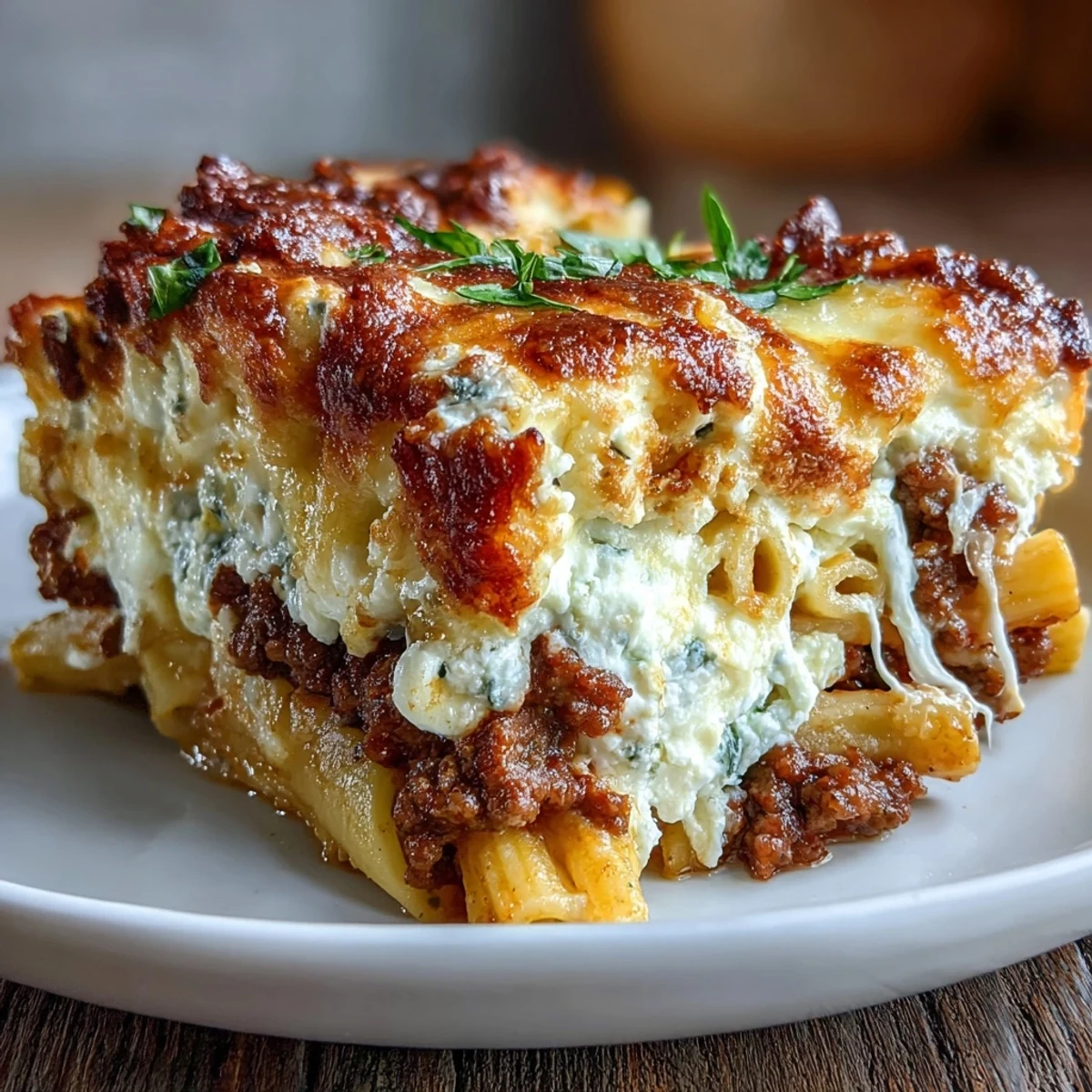 Golden-brown Cottage Cheese Protein Pasta Bake with Ground Beef bubbling in a ceramic dish, topped with melted mozzarella and fresh parsley.