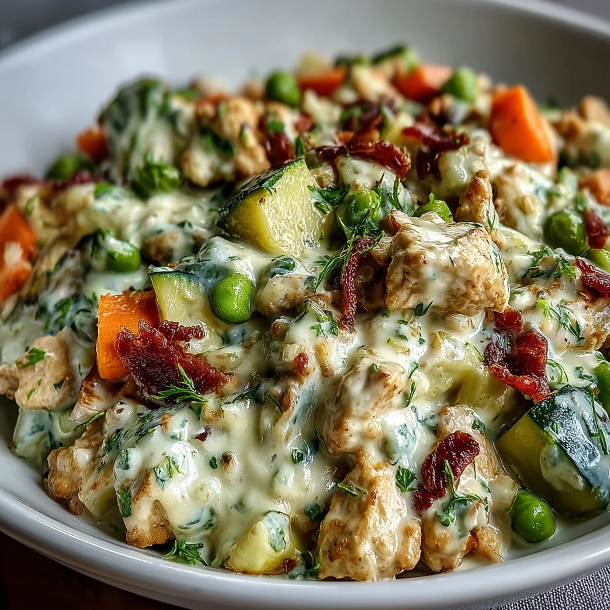 Creamy Ranch Turkey & Veggie Skillet served over pasta, featuring tender ground turkey and colorful vegetables in a rich, tangy sauce.