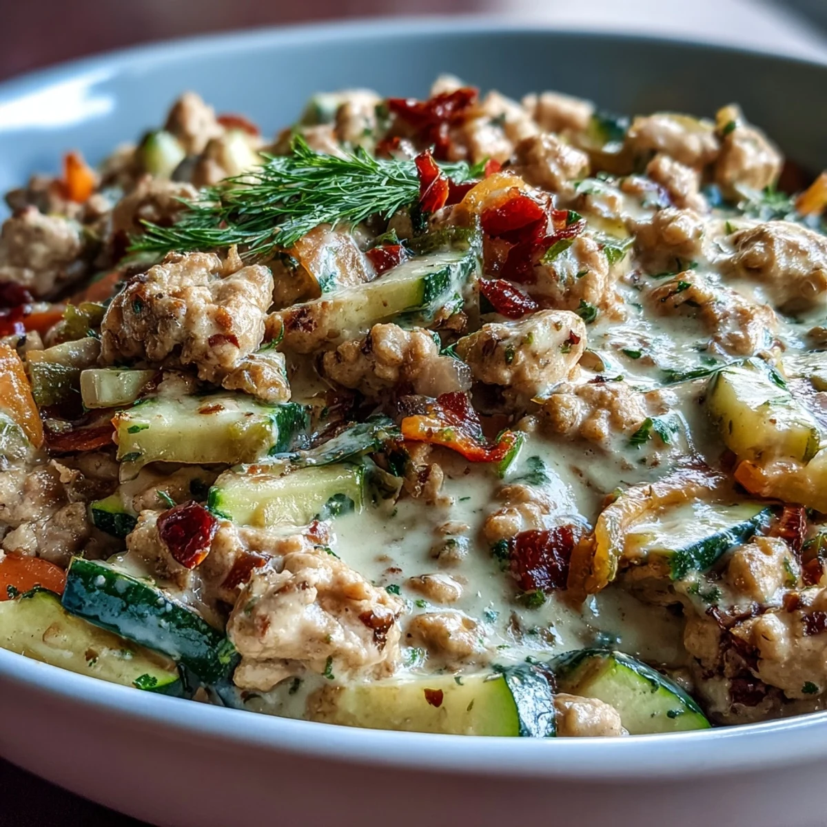 A close-up of Creamy Ranch Turkey & Veggie Skillet, highlighting sautéed peppers, zucchini, and carrots coated in a luscious cream sauce.