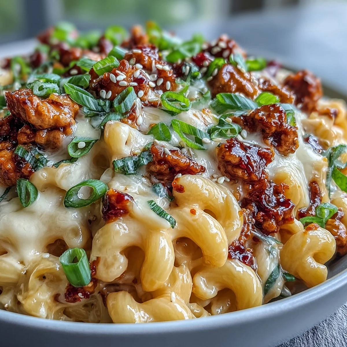 Savory Korean-Style Turkey Mac & Cheese served warm, featuring tender elbow macaroni in a rich cheddar blend with colorful garnishes.