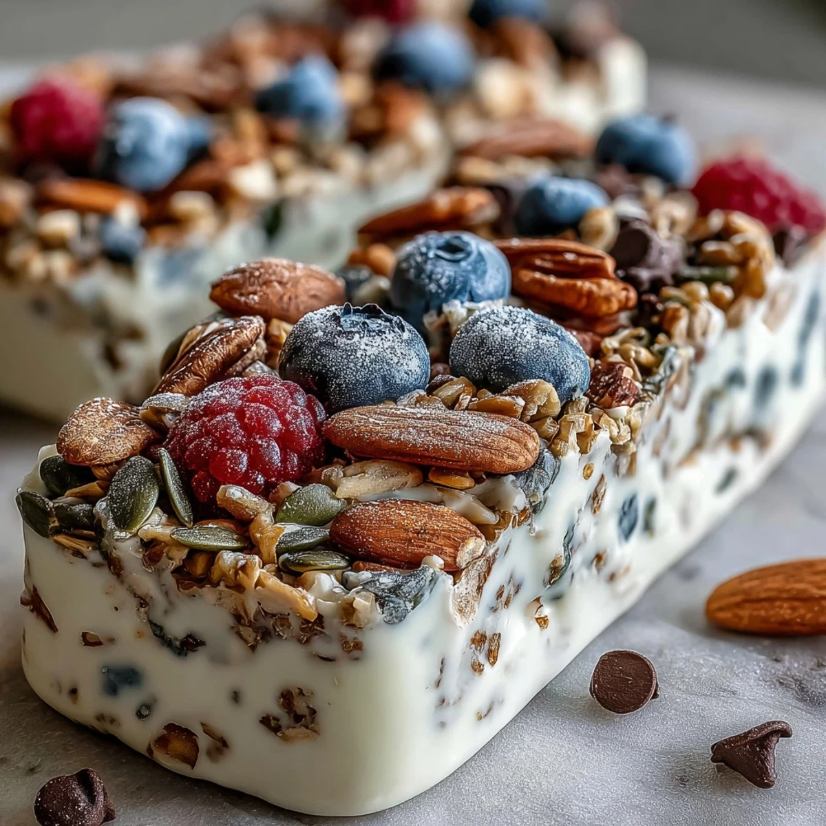 Creamy Greek yogurt bark layered with mixed berries, chia seeds, and pumpkin seeds, offering a refreshing and nutritious breakfast treat.