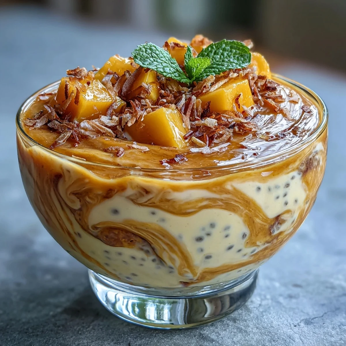 Creamy vegan chia pudding cups with fresh mango purée and coconut milk, layered for a tropical dessert treat.  