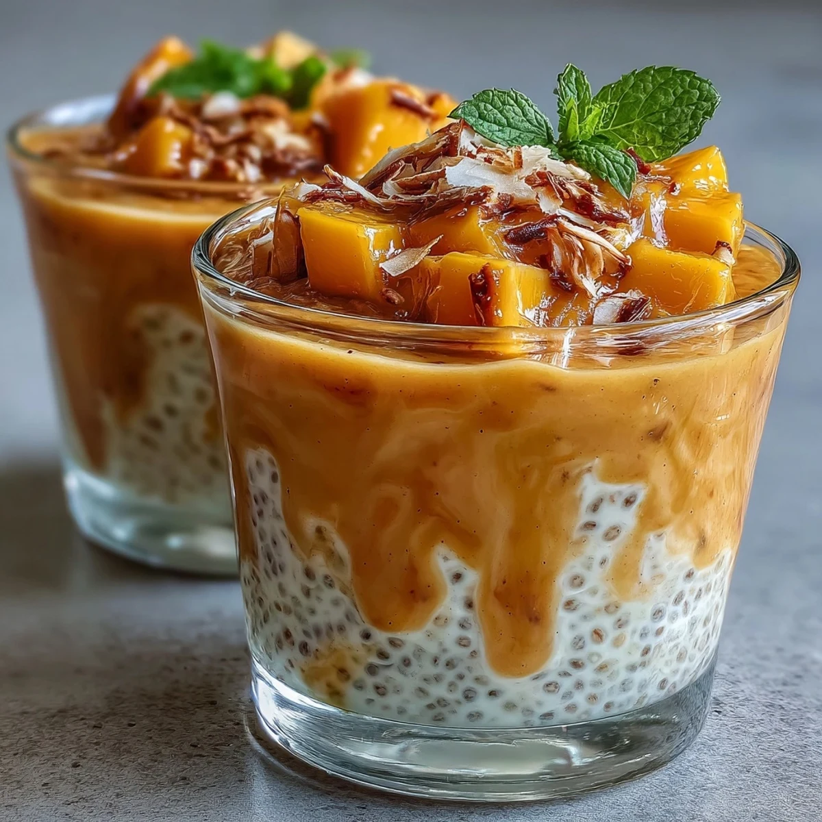 Rich, plant-based chia pudding dessert topped with mango purée and coconut cream, inspired by classic mango sago flavors.  