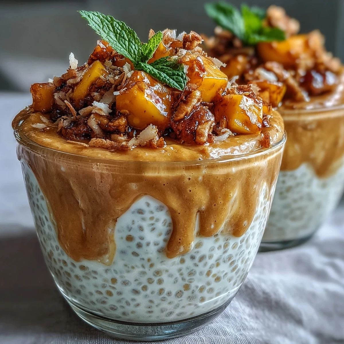 Refreshing vegan mango and coconut chia pudding cups, garnished with toasted coconut and fresh mango for a tropical twist.