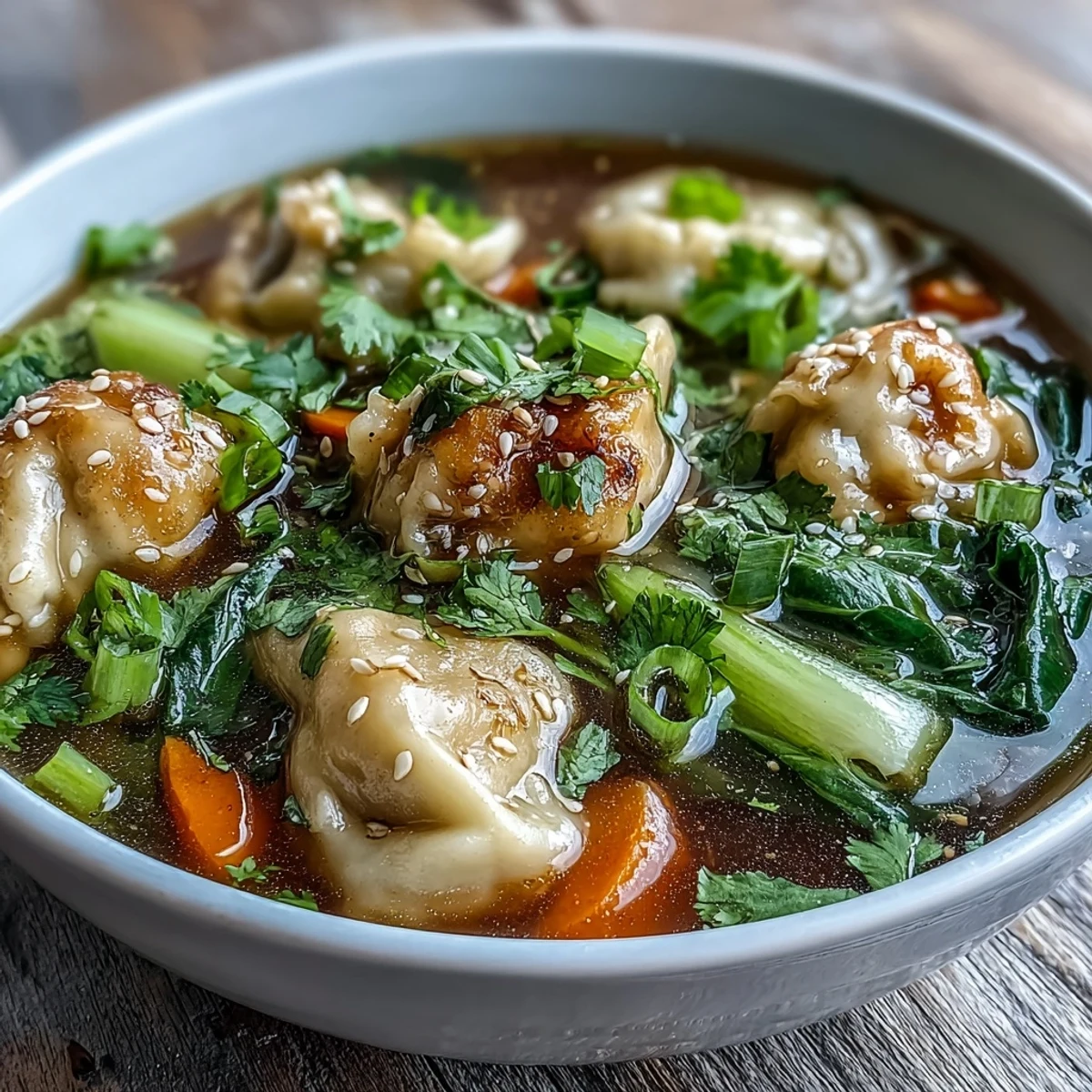 Hearty bowl of Trader Joes Dumpling Soup with tender dumplings, bok choy, and fresh scallions in savory broth.  