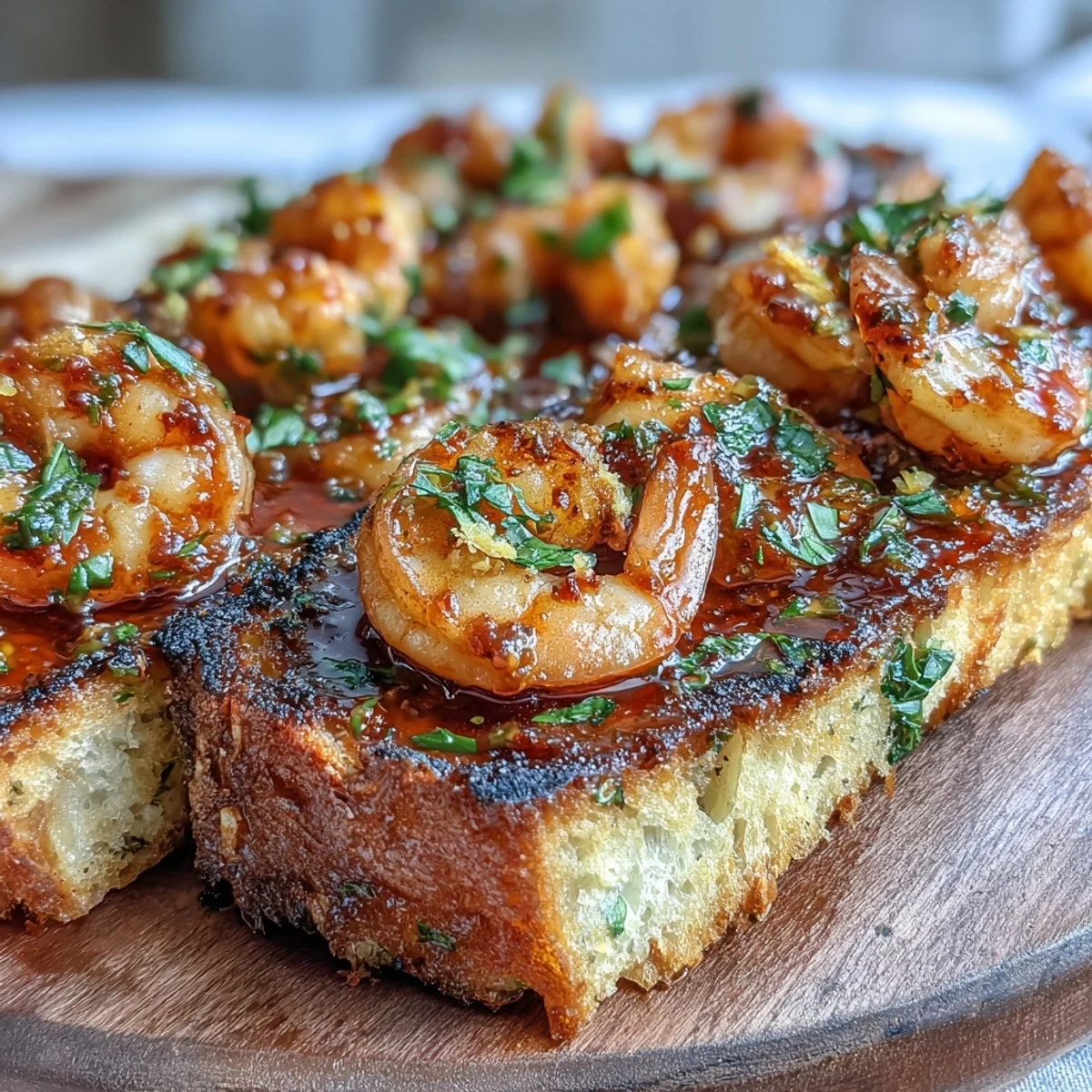Spicy Calabrian chili shrimp toast with garlicky shrimp piled high on crispy golden sourdough, garnished with parsley and lemon wedges.