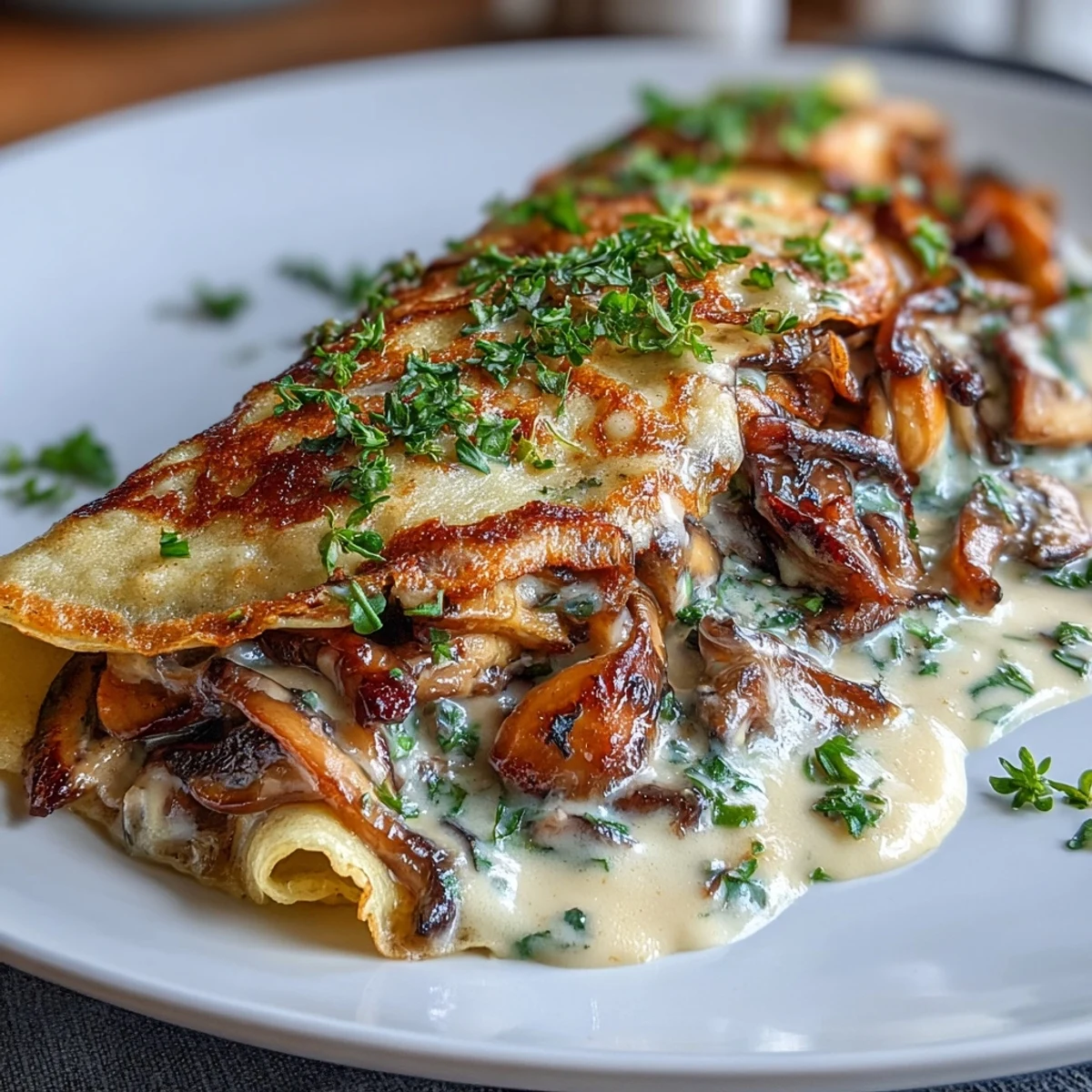 Wild mushroom crepe filling with creamy sautéed mushrooms and fresh herbs, perfect for a French-inspired vegetarian appetizer.