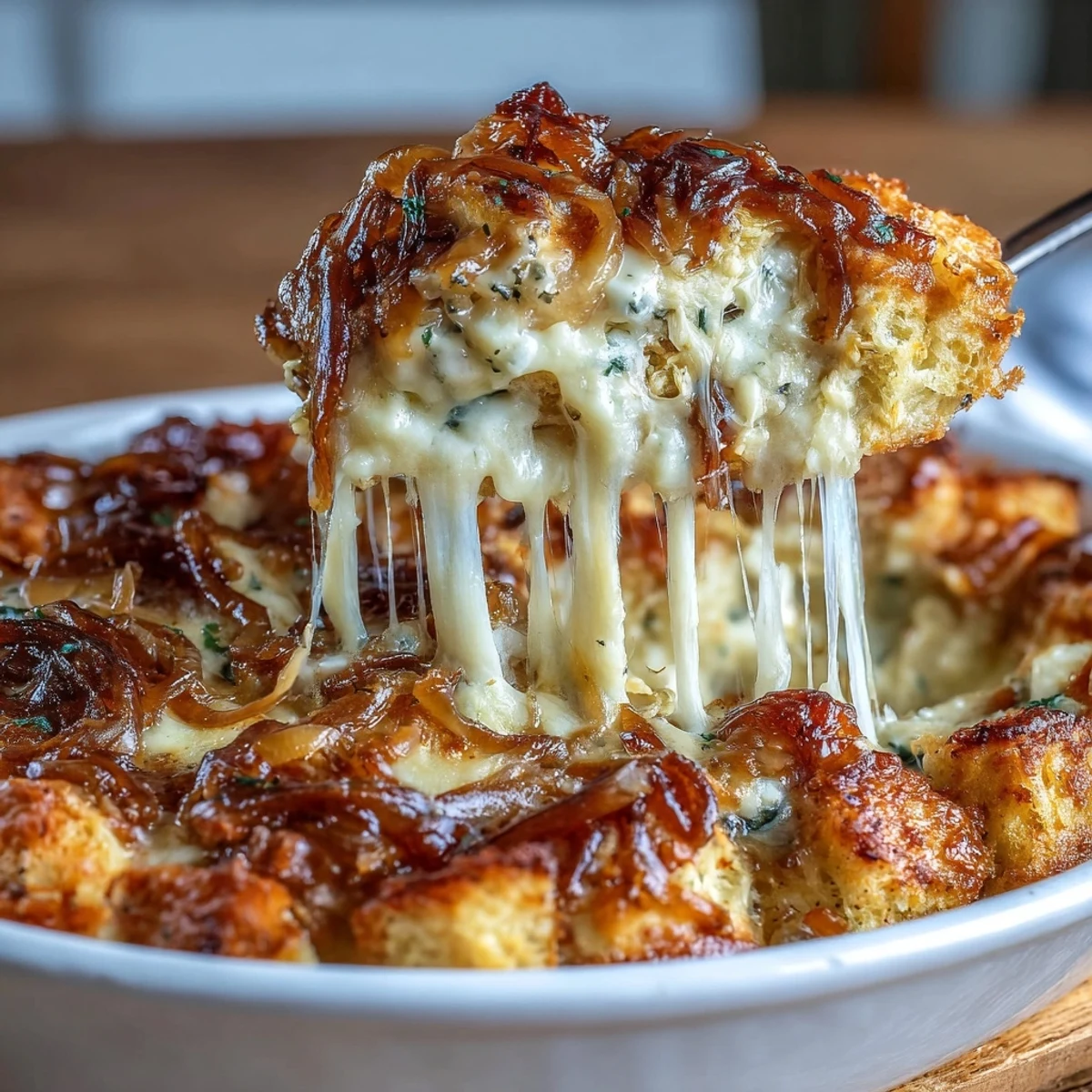 Comforting French Onion Chicken Bake with Melted Gruyere, featuring tender chicken nestled in rich, savory onion gravy and crowned with a golden cheese crust.