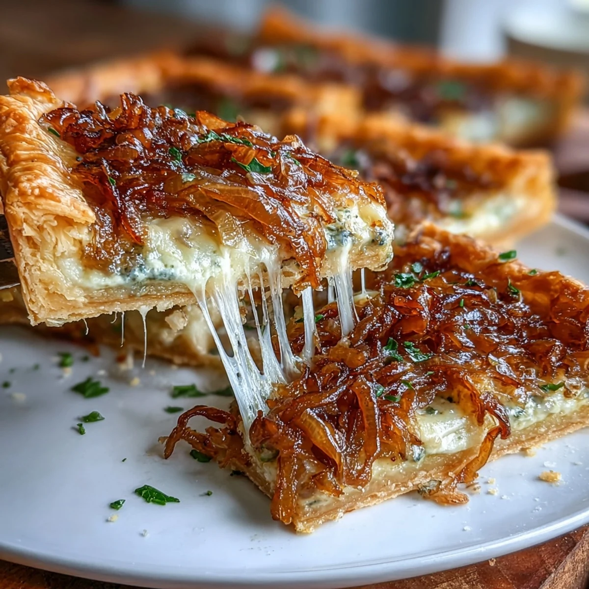 Caramelized onion and Gruyere tart with golden pastry and melted cheese, perfect for an elegant brunch centerpiece.