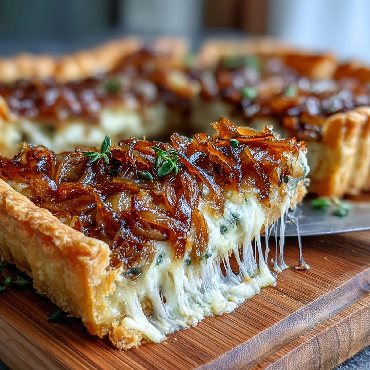 Rich, buttery tart filled with sweet caramelized onions and nutty Gruyere cheese, ideal for a sophisticated vegetarian meal.