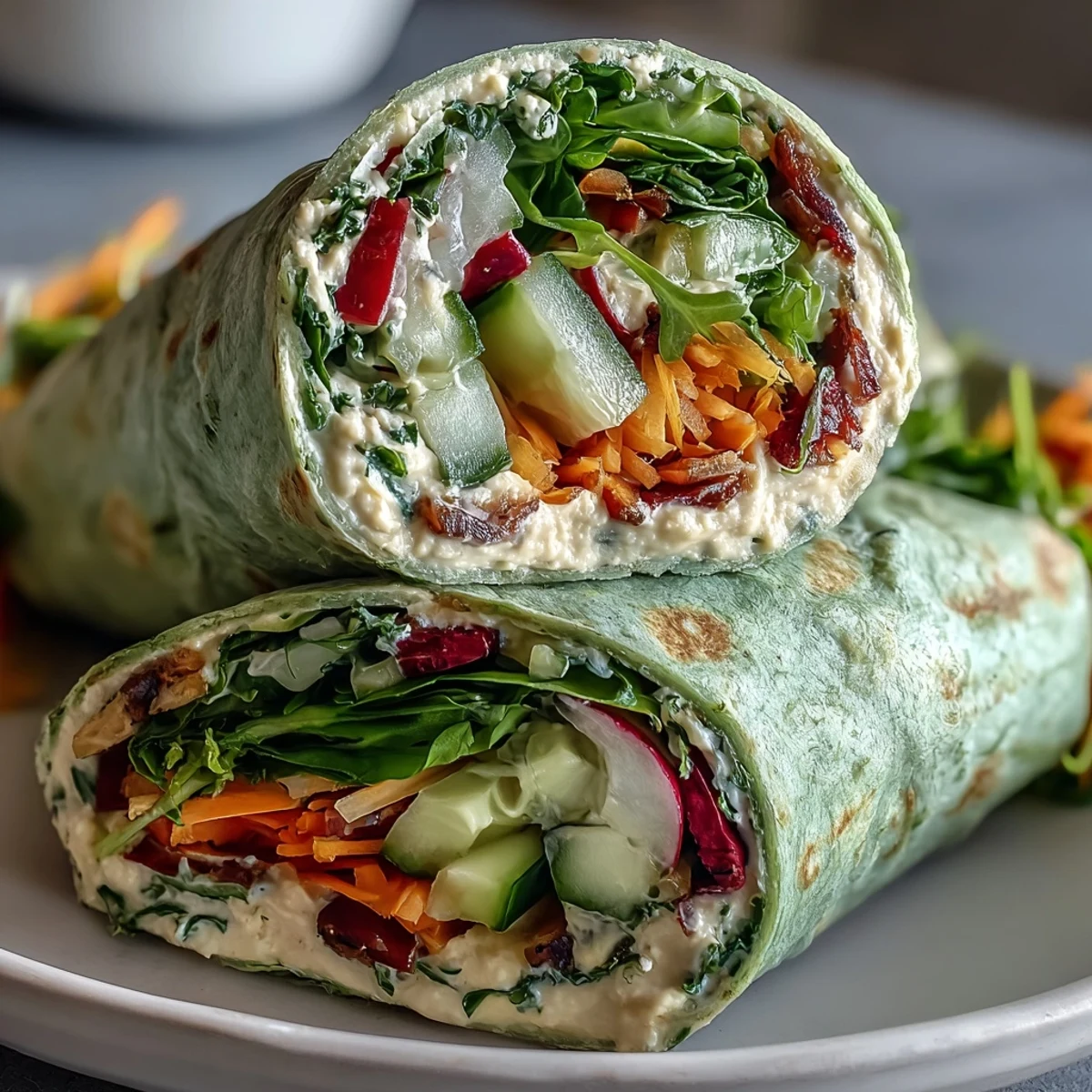 Colorful spring vegetable and hummus wraps with vibrant spinach tortillas, layered with fresh veggies and creamy spread for a healthy, satisfying meal.  