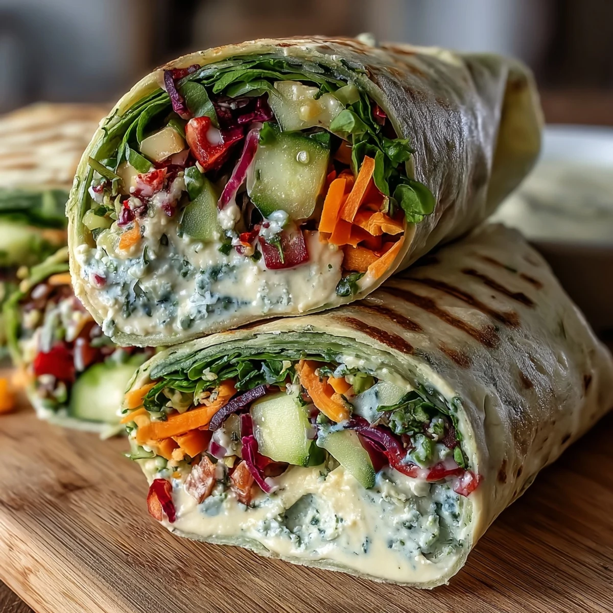 Bright and crunchy spring vegetable and hummus wraps featuring fresh spinach tortillas, layered with colorful veggies and herbs for a delicious, wholesome bite.