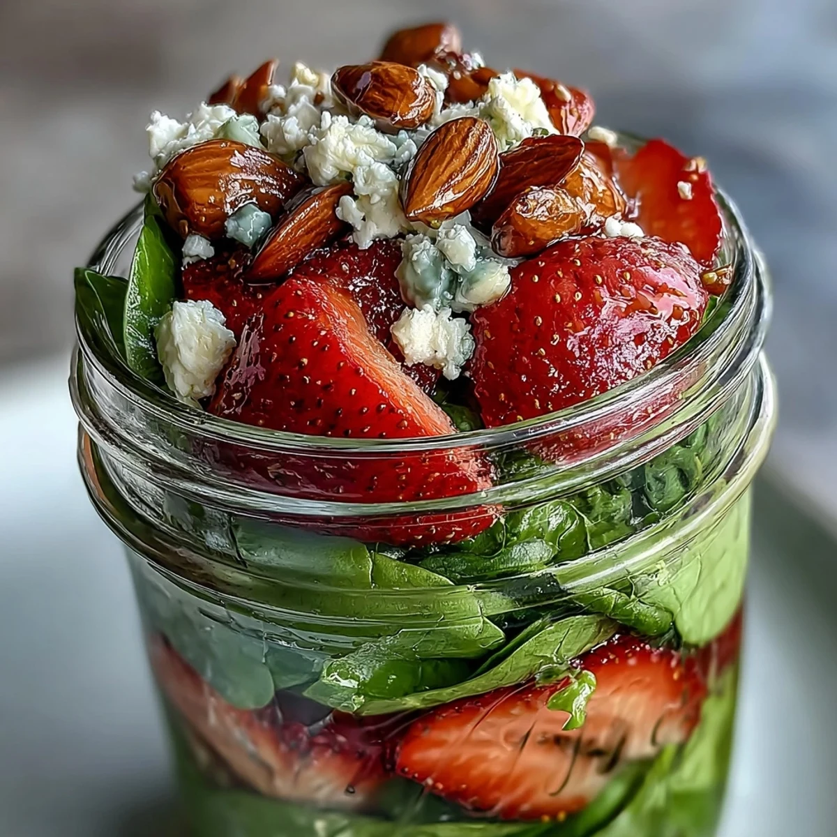 A vibrant mason jar salad with fresh strawberries, baby spinach, feta cheese, and crunchy almonds, drizzled with balsamic vinaigrette for a healthy lunch.