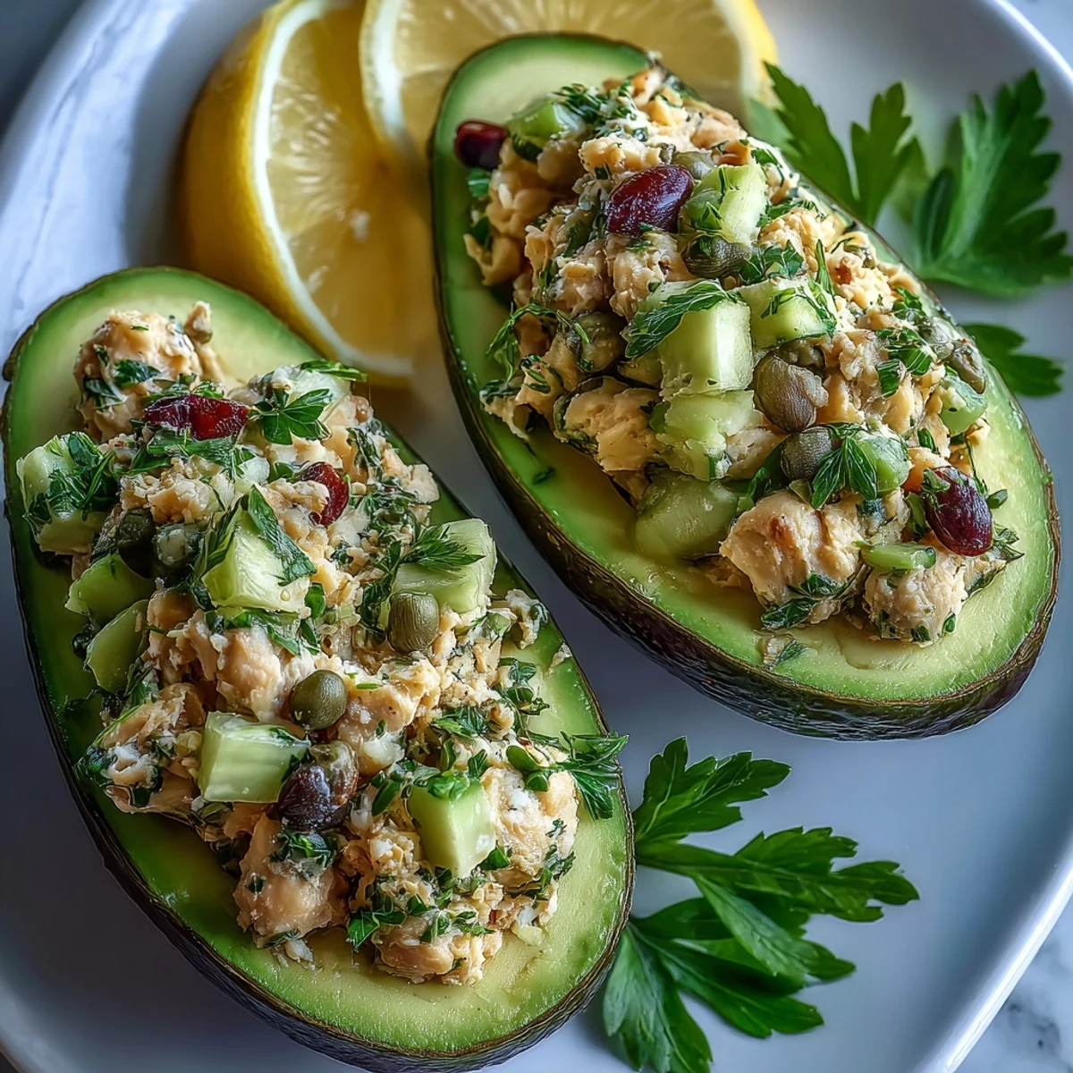 Protein-packed chickpea tuna salad served in ripe avocado boats, perfect for a light vegan meal.