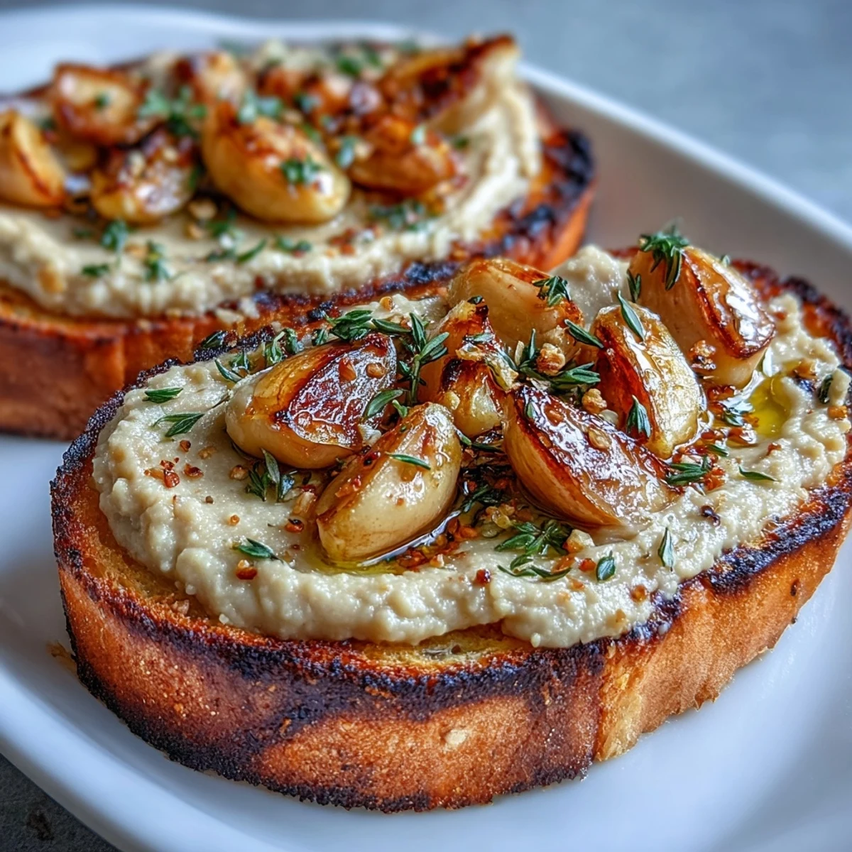 Smooth white bean and roasted garlic spread served on golden sourdough toast, drizzled with olive oil for a Mediterranean-inspired snack.