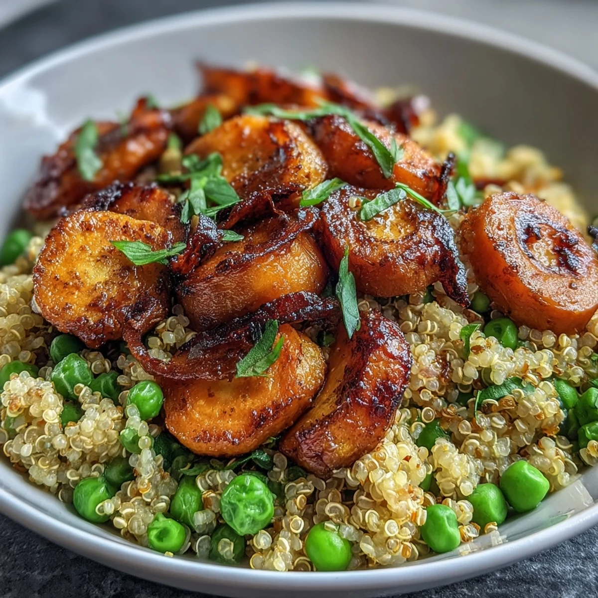 Nutty quinoa, sweet roasted carrots, and vibrant green peas come together in this wholesome, easy-to-make vegetarian bowl.  