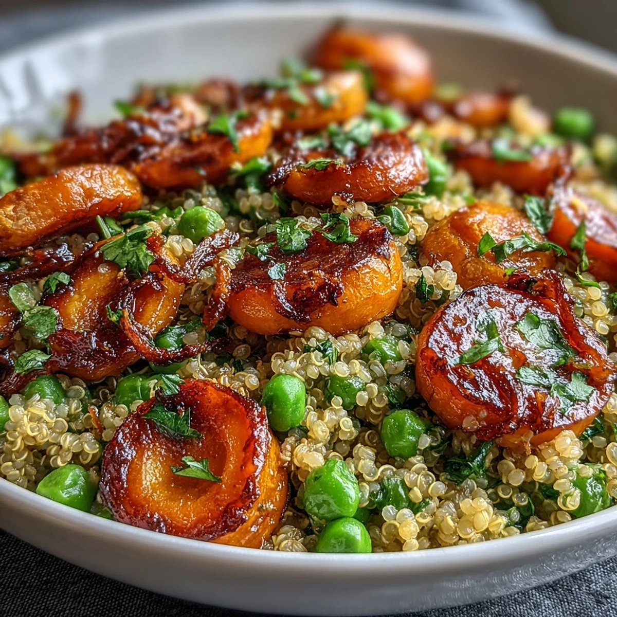 Roasted carrots and green peas over fluffy quinoa, drizzled with lemon-Dijon dressing and garnished with toasted pumpkin seeds.