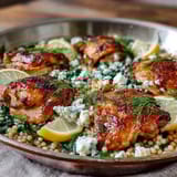 Sizzling Creamy Greek Chicken & Pearl Couscous Bake with melted feta, wilted spinach, and a creamy sauce in a Dutch oven.