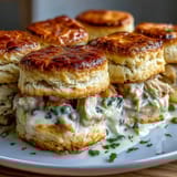 Fluffy buttermilk biscuit crust baked over tender chicken and peas in a savory cream sauce.  