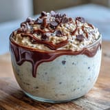 Creamy Protein Cookie Dough Overnight Oats topped with chocolate chips and a swirl of almond butter, perfect for a healthy breakfast or post-workout snack.