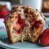 Moist muffins bursting with juicy strawberries and wholesome oats, topped with a light Greek yogurt crumb.  