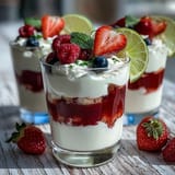 Mason jar parfaits featuring homemade shortcake, fresh strawberries, and vanilla whipped cream for a portable summer dessert.  