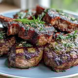Grilled lamb chops topped with zesty mint gremolata, offering a fresh, herbaceous contrast to rich, savory meat.  