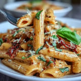 Velvety pasta dish featuring garlic, sun-dried tomatoes, and heavy cream for irresistible flavor.  