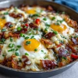 Hearty Father's Day breakfast: loaded hash brown skillet awaits with savory bacon and peppers.