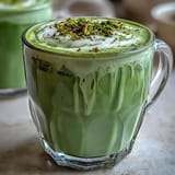 Vibrant matcha oat milk latte with frothy foam and natural green color.