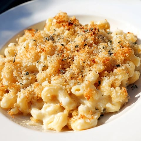 Golden, bubbly Old-Fashioned Baked Mac & Cheese with a satisfyingly crispy breadcrumb topping, ready to serve.