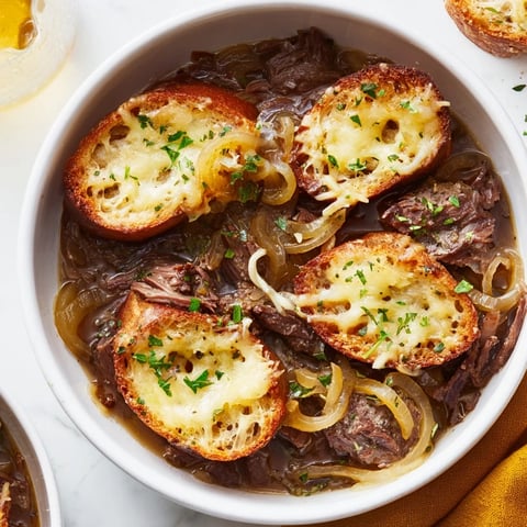 Golden, bubbly French Onion Pot Roast Casserole with melted cheese and toasted baguette slices.