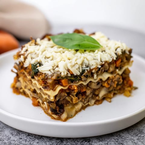 Steamy vegan lasagna with mushroom-spinach bolognese, golden crust, and fresh basil garnish.
