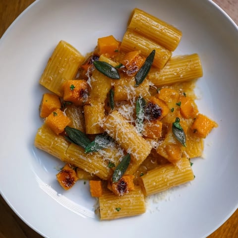 Creamy, golden Brown Butter Pasta with Butternut Squash, garnished with crispy sage and Parmesan.
