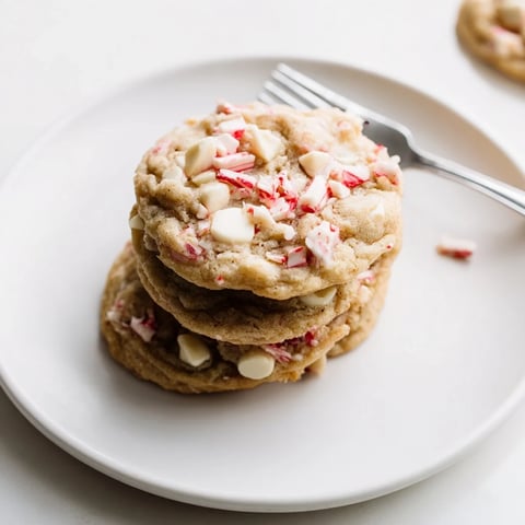 Warm, chewy White Chocolate Peppermint Bark Cookies, a holiday treat with melted white chocolate chips.