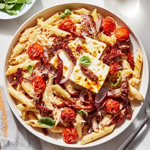 Baked feta pasta sizzling in a baking dish, with bursting cherry tomatoes and creamy feta cheese.