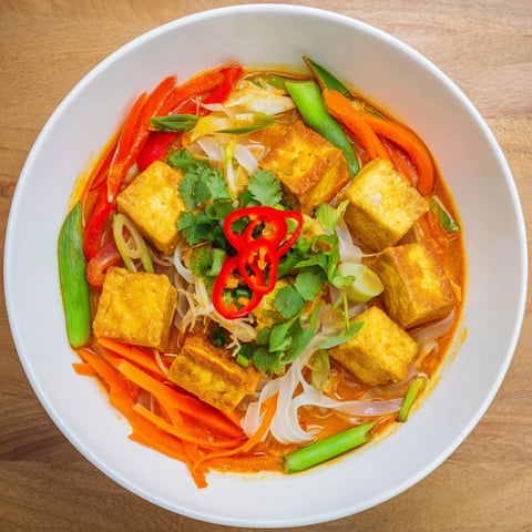 Steaming bowl of Malaysian Laksa Curry, featuring vibrant noodles, tofu, and fresh toppings.
