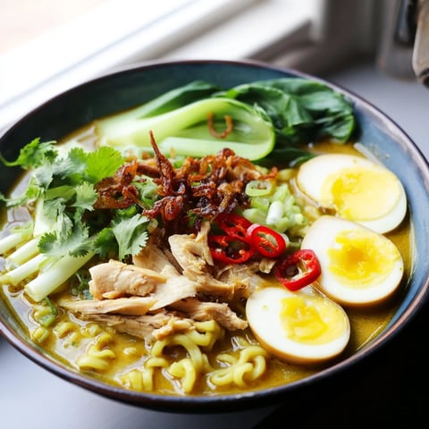 A steaming bowl of Thai Miso Ramen features tender shredded chicken, soft-boiled eggs, and fresh bok choy, topped with crispy shallots and cilantro.  