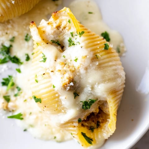 Golden, bubbling Chicken Alfredo Stuffed Shells fresh from the oven, garnished with fresh parsley and served on a rustic wooden table.  