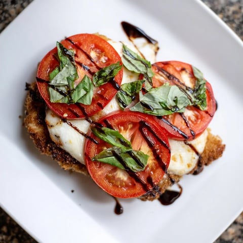 Golden-brown Caprese Chicken Skillet topped with melted mozzarella, ripe tomato slices, and fresh basil leaves, drizzled with a glossy balsamic glaze.  