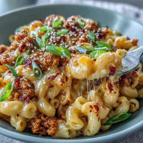 A bowl of creamy Korean-Style Turkey Mac & Cheese with gooey cheese sauce, topped with spicy turkey crumbles and fresh scallions.