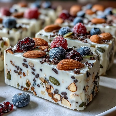 High-protein yogurt breakfast bark topped with fresh berries and crunchy seeds, perfect for a healthy and energizing start to your day.