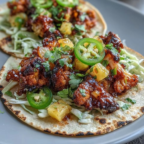 Vegan smoky BBQ cauliflower tacos with pineapple salsa, served on a rustic wooden board with lime wedges and fresh cilantro.  