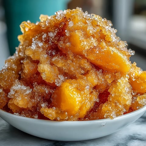 A refreshing mango sorbet granita with icy crystals, perfect for cooling off on a hot summer day.