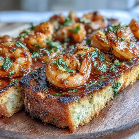 Spicy Calabrian chili shrimp toast with garlicky shrimp piled high on crispy golden sourdough, garnished with parsley and lemon wedges.