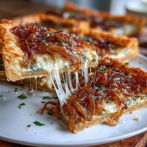 Caramelized onion and Gruyere tart with golden pastry and melted cheese, perfect for an elegant brunch centerpiece.